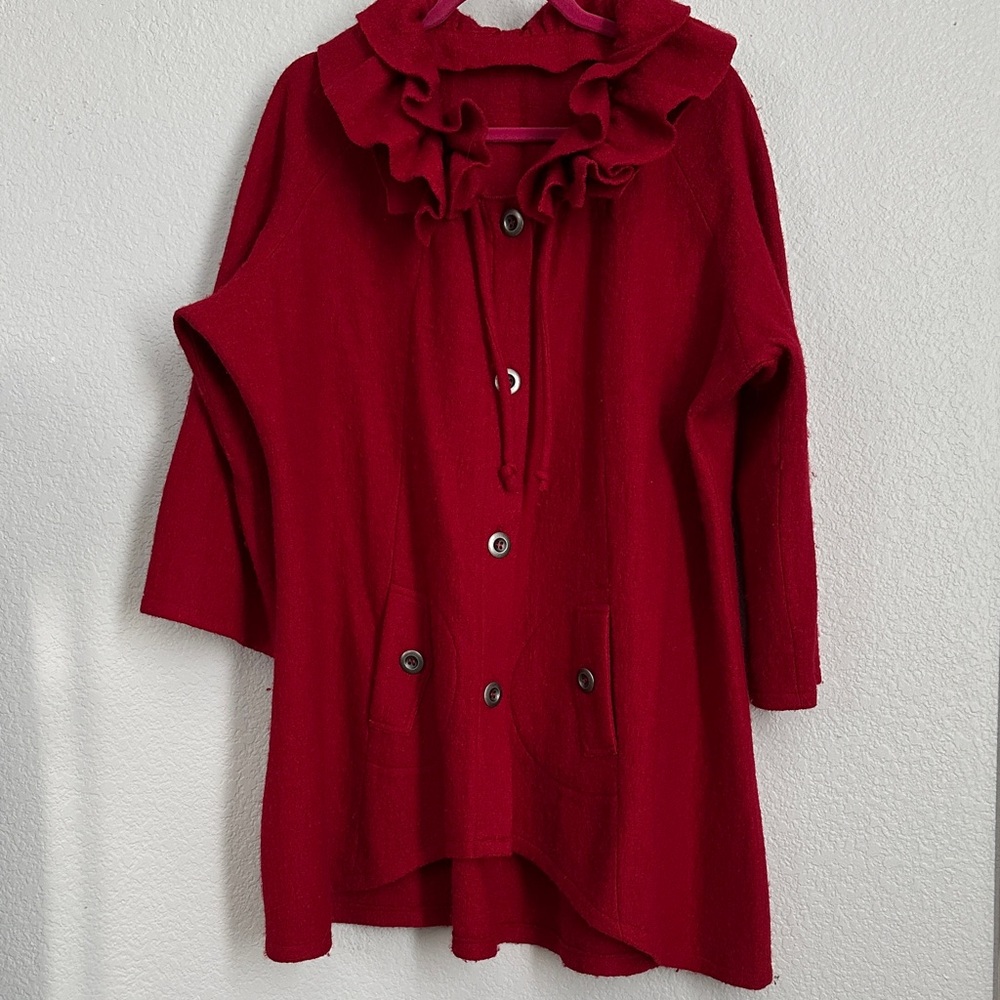 Red Wool A Line Ruffled Lightweight Jacket